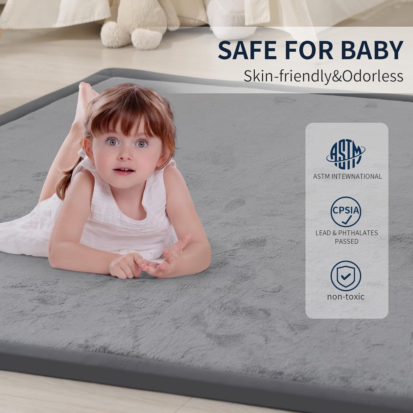 ACOMOPACK Baby Play Mat for Floor 1.3" Thick Memory Foam Play Mat 39"×59" Tummy Time Crawling with Non-Slip Bottom for Living Room,Nursery,Soft Velvet Playpen Mats for Kids,Infants（Dark Grey）