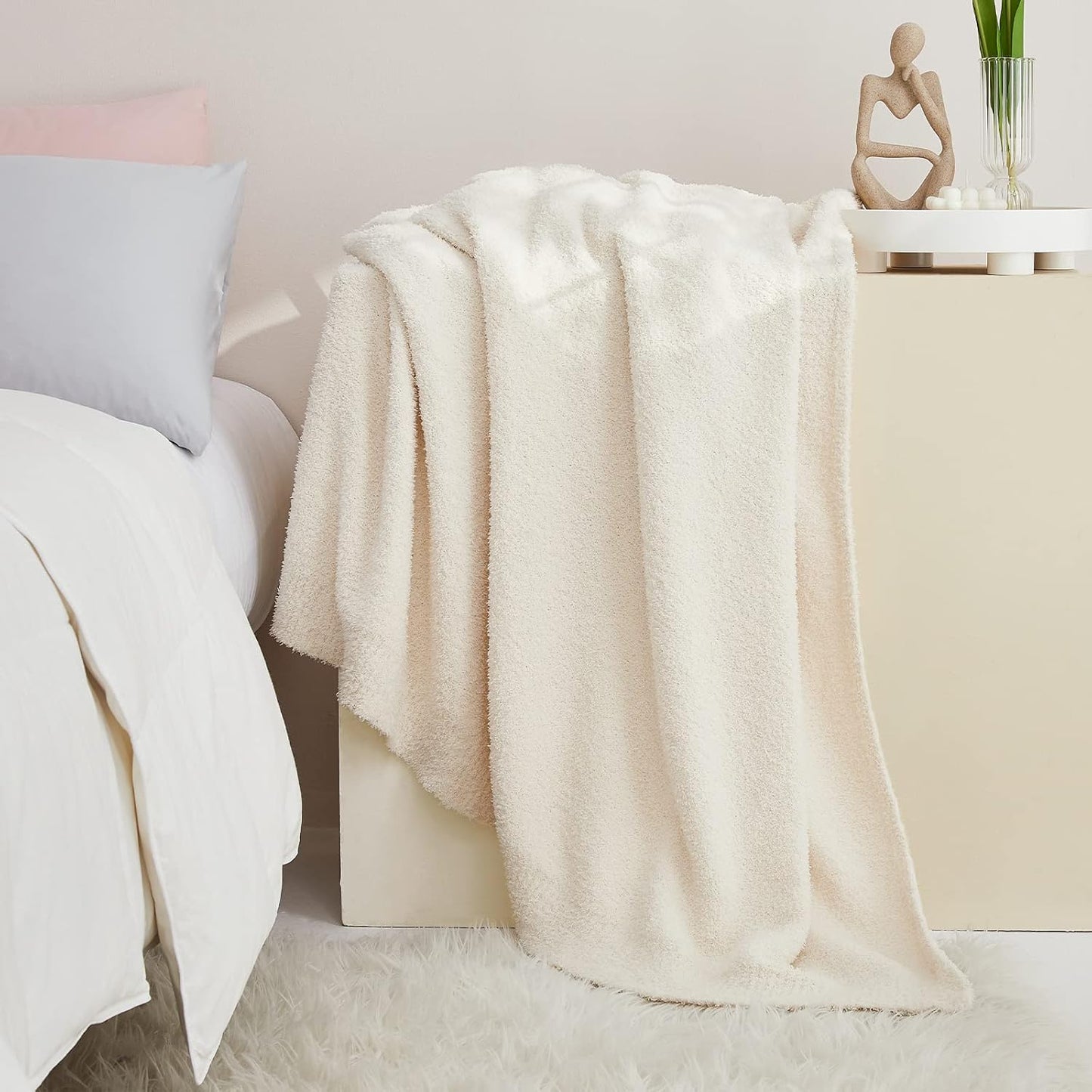 CYMULA Knit Throw Blanket for Couch Cream White - Super Soft Lightweight Plush Fuzzy Fluffy Cozy