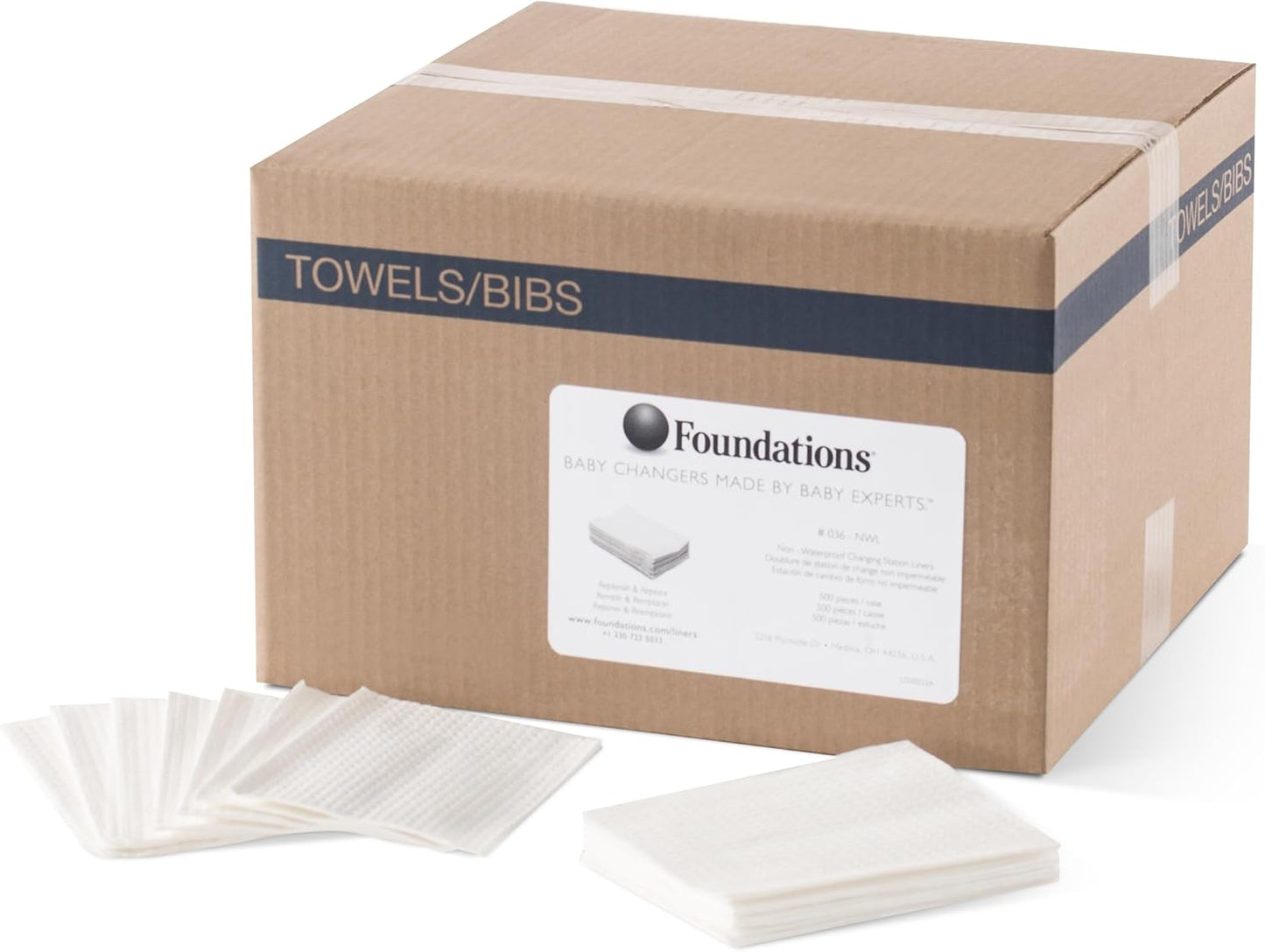 Foundations 2-Ply Disposable Non-Waterproof Baby Changing Station Liner Refills for Commercial Restrooms, Doctor's Offices, Care Centers, 500 Pack, 036-NWL