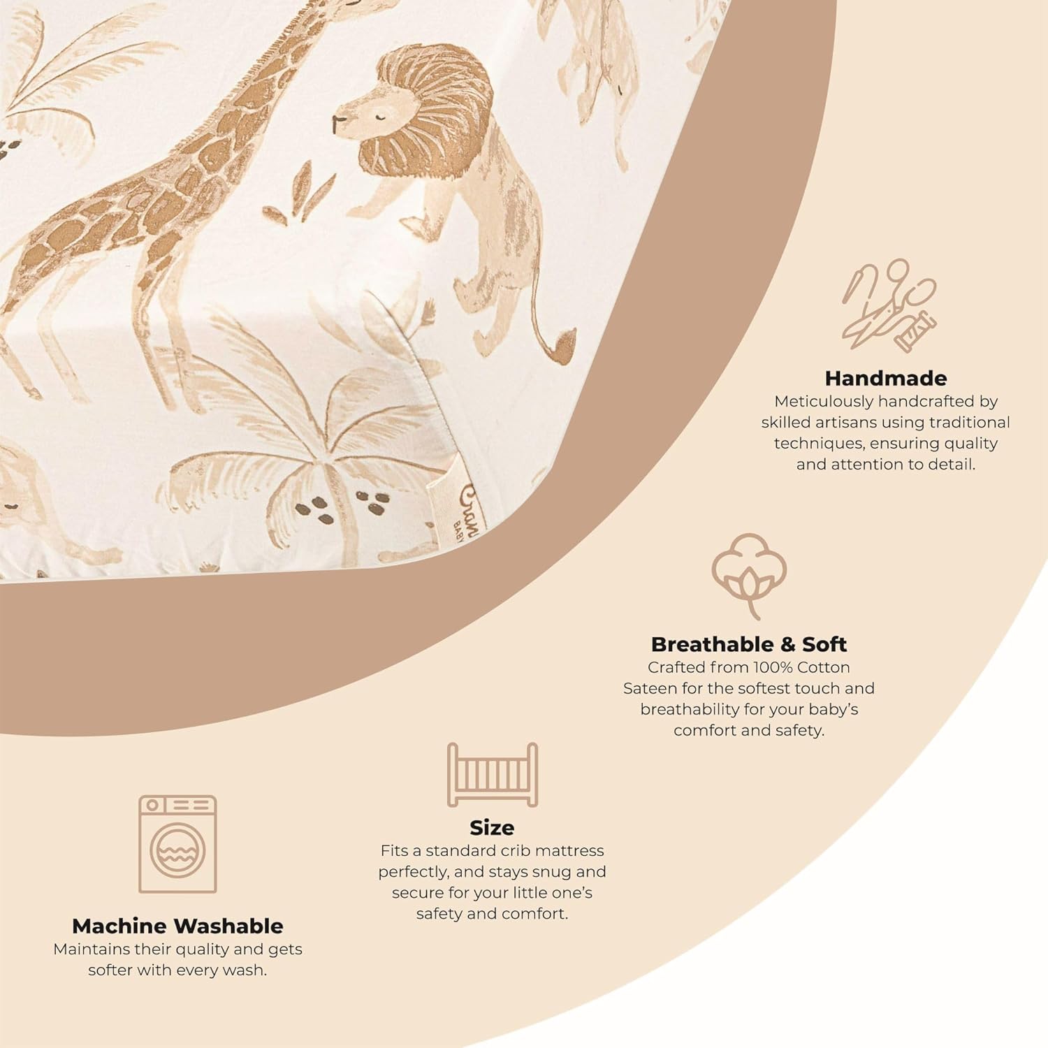 Crane Baby Safari Nursery Decor Crib Sheet, 100% Cotton Fitted Sheet for Standard Mattress 28in X