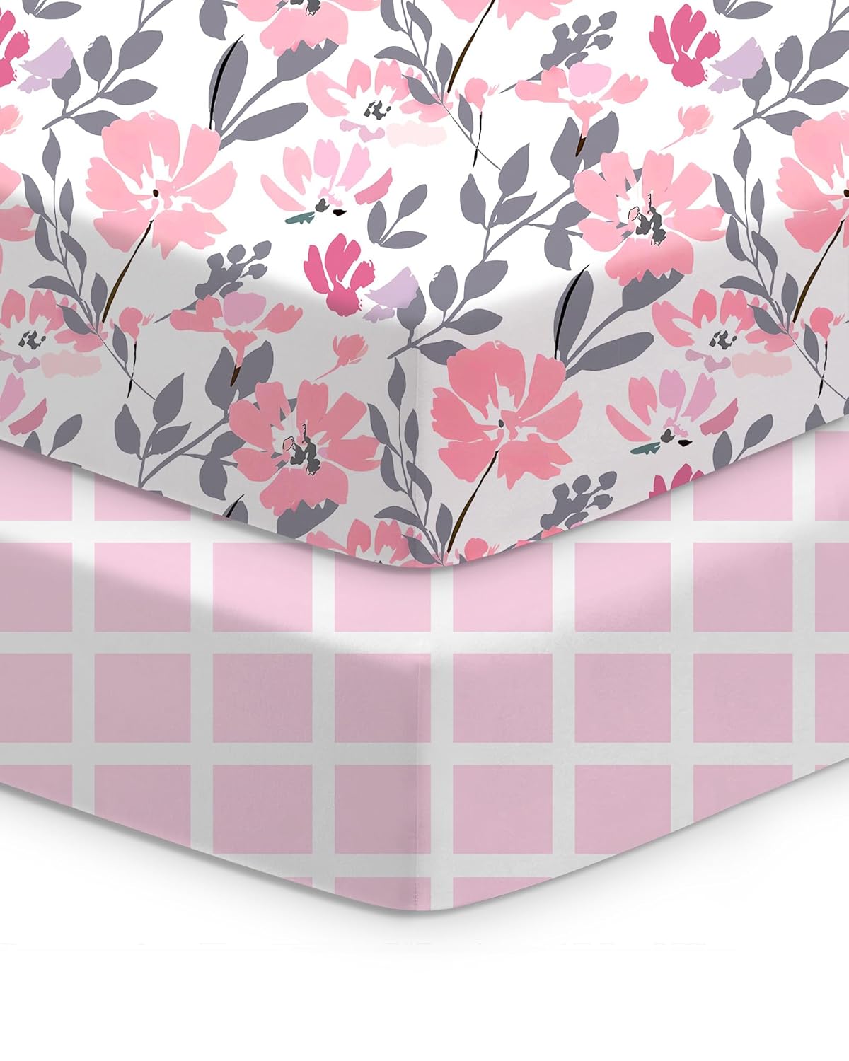 Baby Crib Sheets Boy Girl for Standard Crib Mattress - Flower&Pink Checkered Crib Sheet, Soft