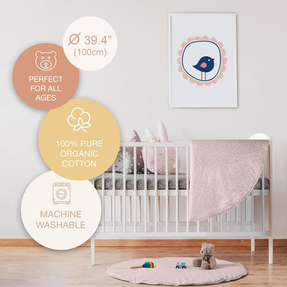 Byrd & Blume Round Baby Play Mat, Organic Cotton Soft Padded Nursery Floor Mat, Safe Hypoallergenic Baby Mat, Reversible, Foldable, Portable Infant Tummy Time Mat Fits Tents & Playpens (40"x40") Pink