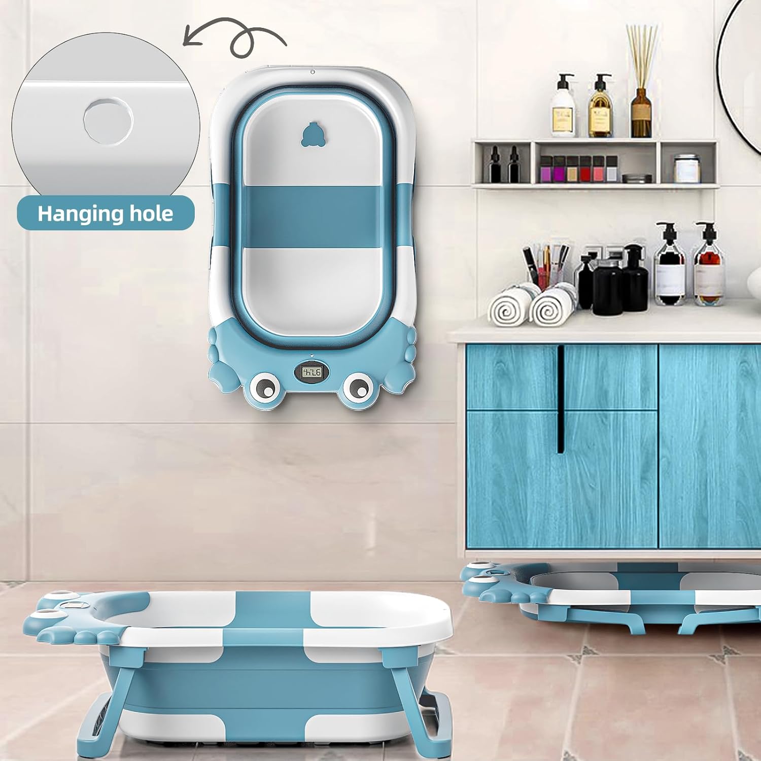 Collapsible Baby Bathtub for Newborns to Toddler with Real-time Temp Monitor & Floating