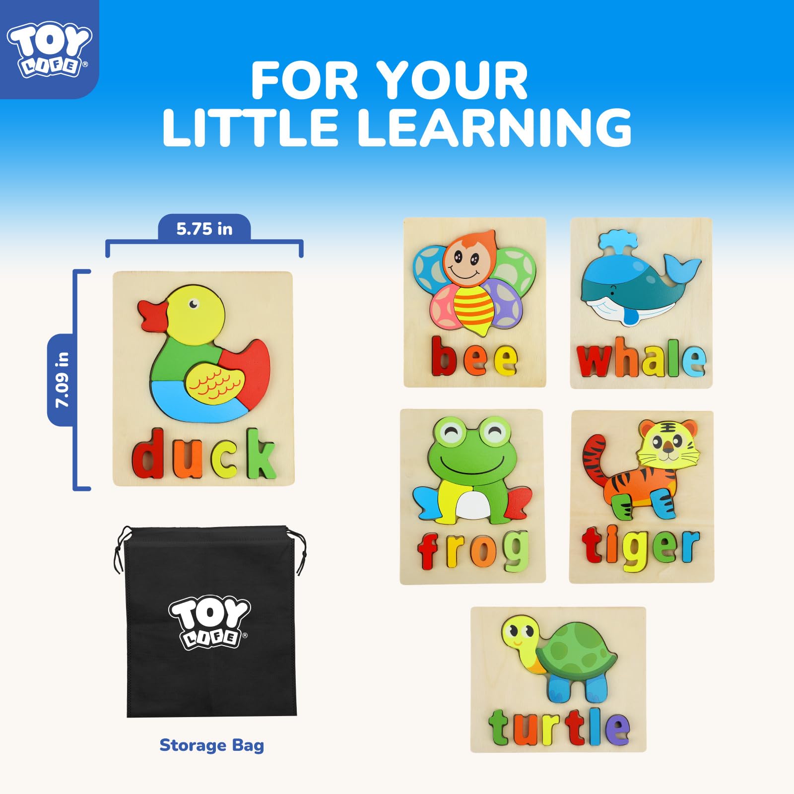 TOY Life Toddler Puzzles Ages 2-4, 6 Animals with Spelling Wooden Puzzles for Toddlers 3-5