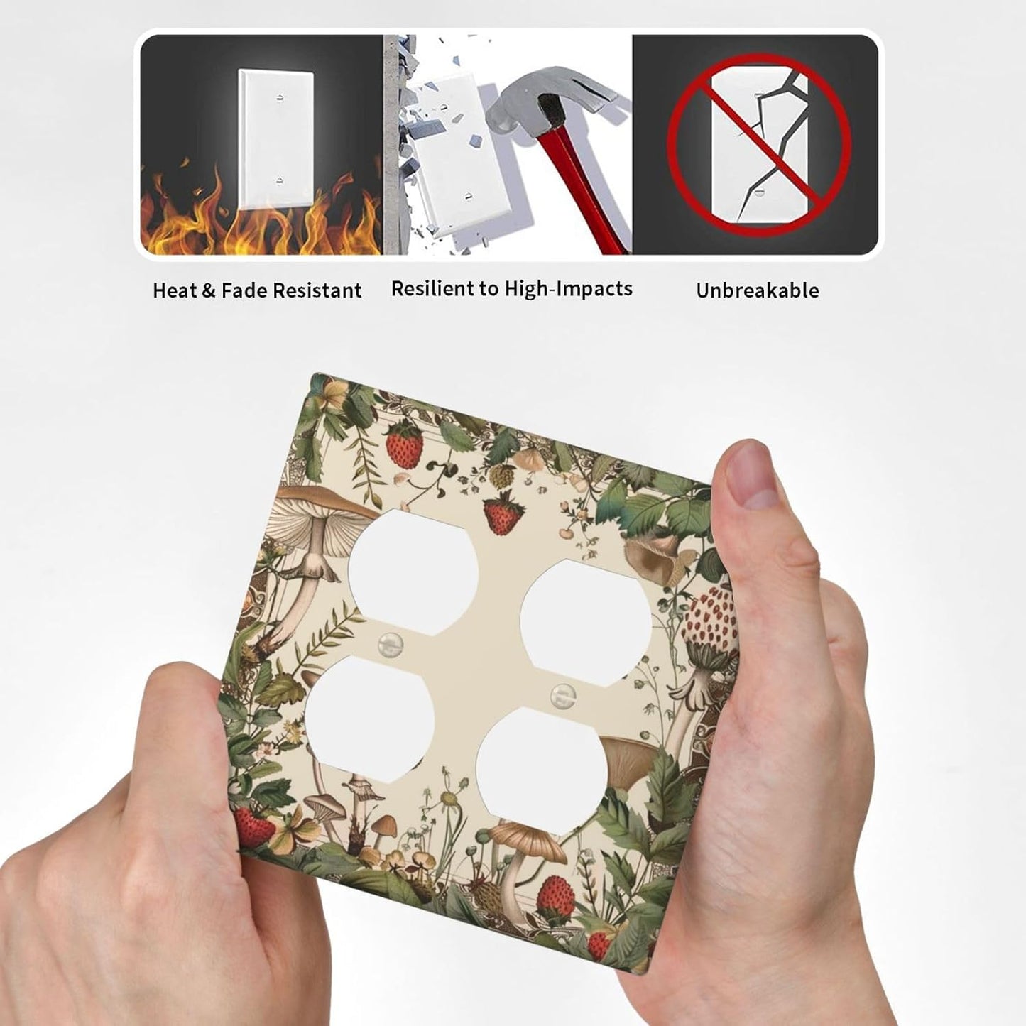 Decorative Outlet Covers Rustic Mushroom Garden Red Strawberry 2 Gang Wall Plate Cover Double Duplex Receptacle Two Switch Light Switch Cover Plate Jumbo Faceplate for Home Decor