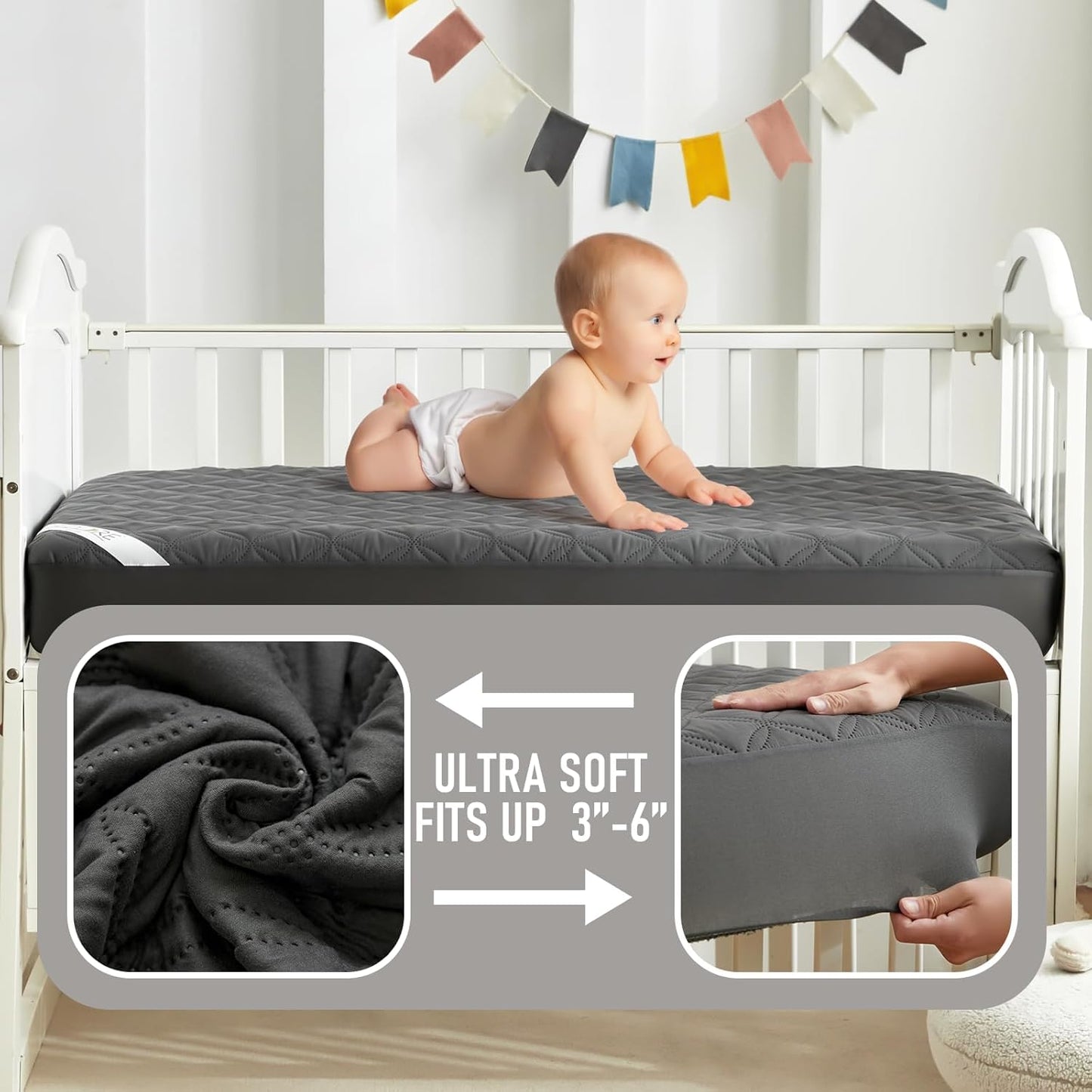 BEDLORE Waterproof Mattress Protector Crib, 2 Pack Soft Gray Mattress Pad, Noiseless Machine