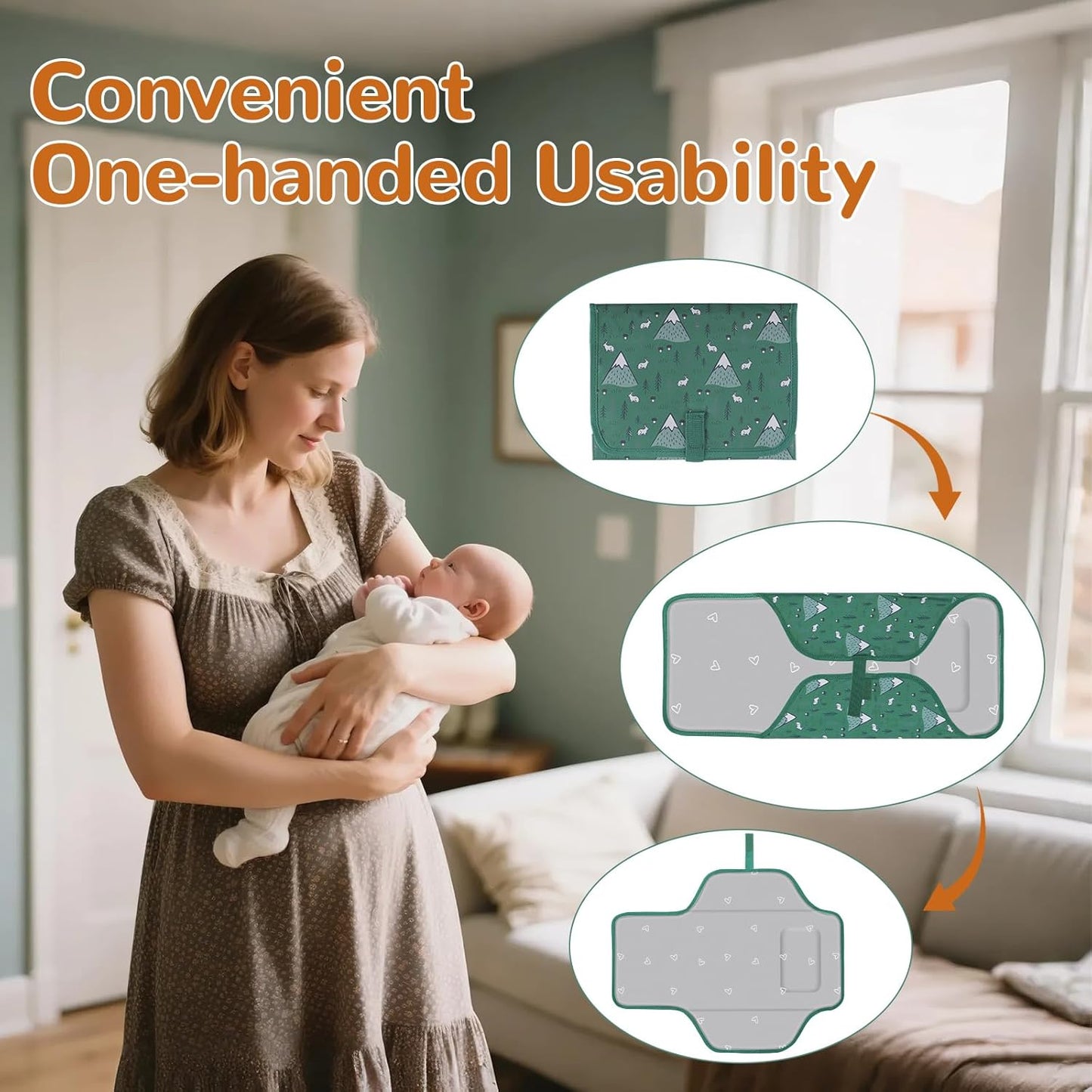 Portable Diaper Changing Pad, Waterproof Baby Changing Mat, Foldable Travel Baby Changing Station, Newborn Essential Baby Shower Registry Gift (Green-Rabbit)