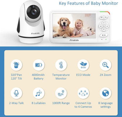 Baby Monitor, 5” Video Baby Monitor with Camera and Audio, 32-Hour Battery, Non WiFi, 2 Way Talk, Temp Sensor, Auto Night Vision, Pan Tilt Zoom Camera, Suitable for Monitor Baby and Elderly