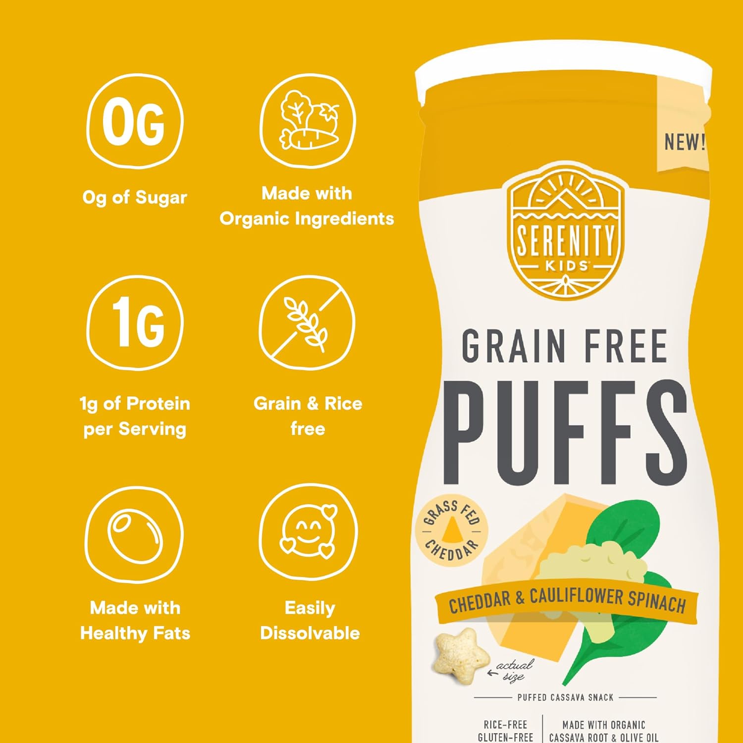 Serenity Kids 6+ Month Baby Food Puffs - White Cheddar & Cauliflower - Grain-Free, Gluten-Free &