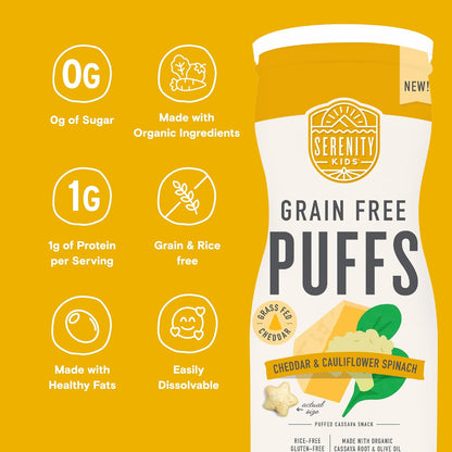 Serenity Kids 6+ Month Baby Food Puffs - White Cheddar & Cauliflower - Grain-Free, Gluten-Free &