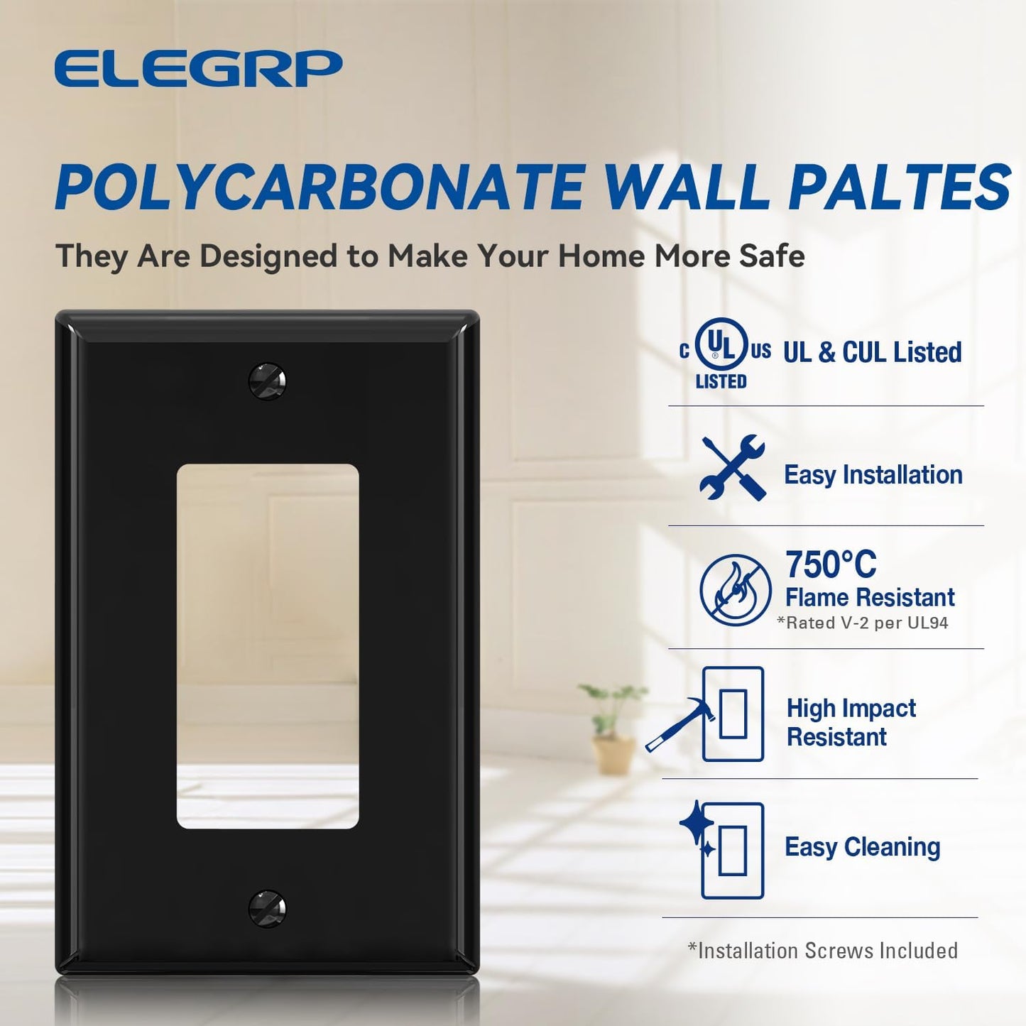 ELEGRP Decorative Receptacle Wall Plate, 1-Gang Mid Size Outlet Decorator Cover, Unbreakable Polycarbonate Dual Port Faceplates Covers, UL Listed, Screws included (10 Pack, Glossy Black)