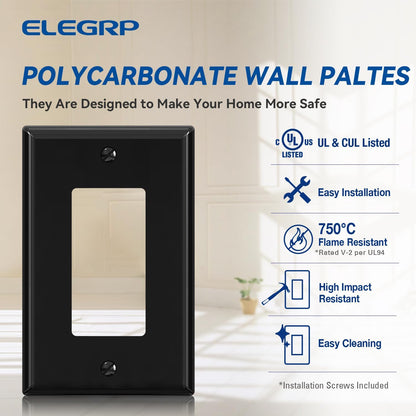 ELEGRP Decorative Receptacle Wall Plate, 1-Gang Mid Size Decorator Covers, Unbreakable Polycarbonate Faceplates for Decorator Device, UL Listed, Screws Included (2 Pack, Glossy Black)