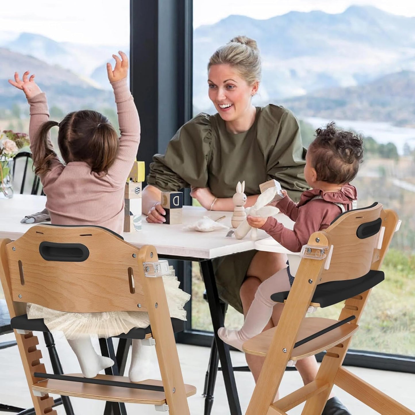 Cowiewie Natural Wooden High Chair for Babies & Toddlers 3-Tier Remove & 2 Adjustable Tray, 8