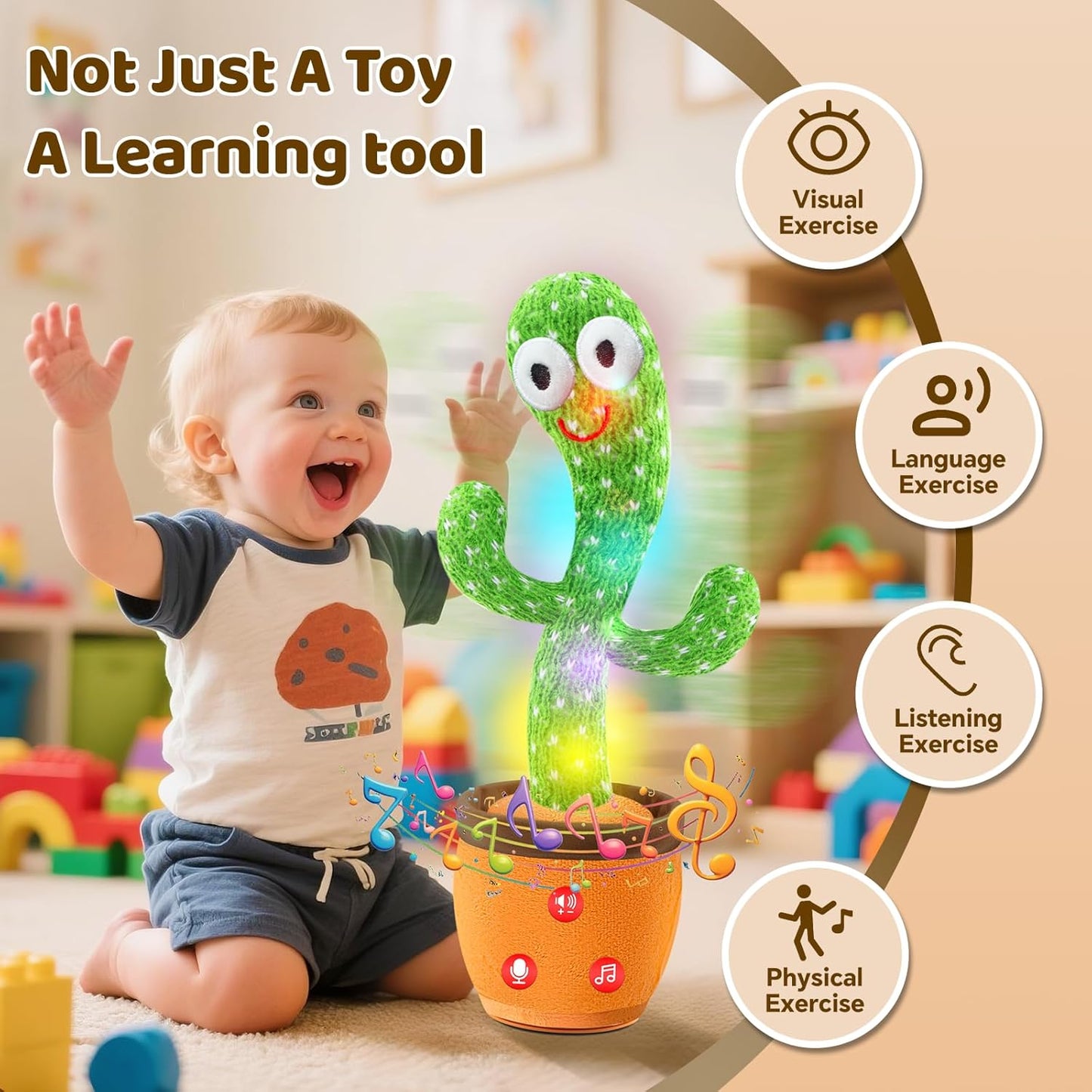 Dancing Talking Cactus Toy for Baby Toddler, Boys Girls Gifts Singing Mimicking Recording Repeating What You Say Baby Toys with 120 English Songs (Adjustable Volume)