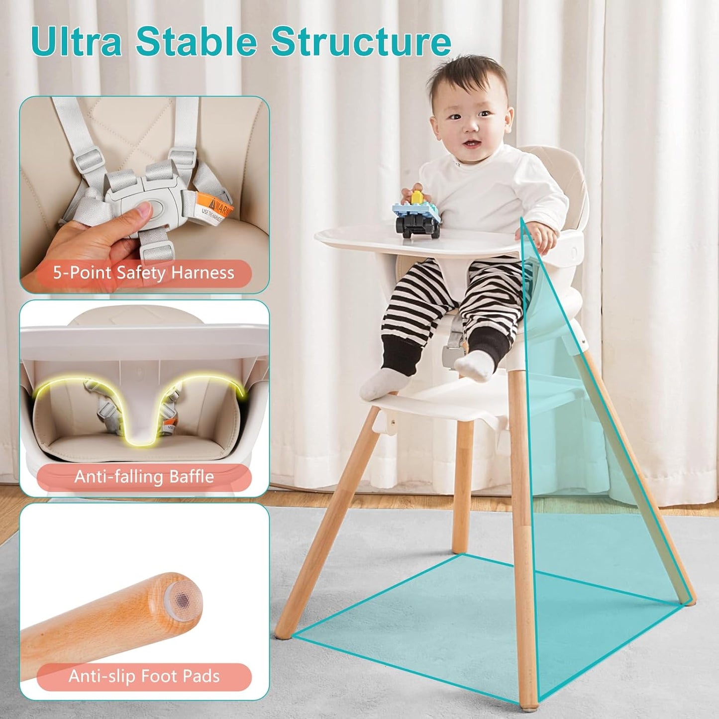Baby High Chair, 6 in 1 Wooden Convertible High Chairs for Babies and Toddlers, Booster Seat with