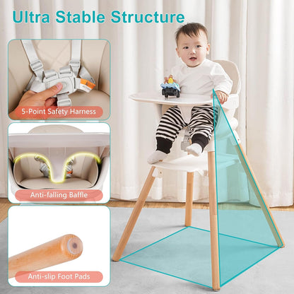 Baby High Chair, 6 in 1 Wooden Convertible High Chairs for Babies and Toddlers, Booster Seat with