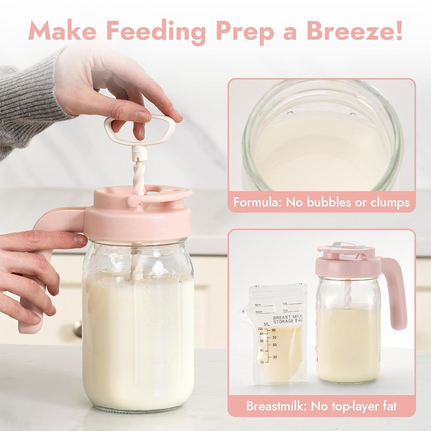 Papablic Glass Breastmilk Pitcher, Formula Mixing Pitcher with Mixing Handle Lid, Wide Mouth Mason