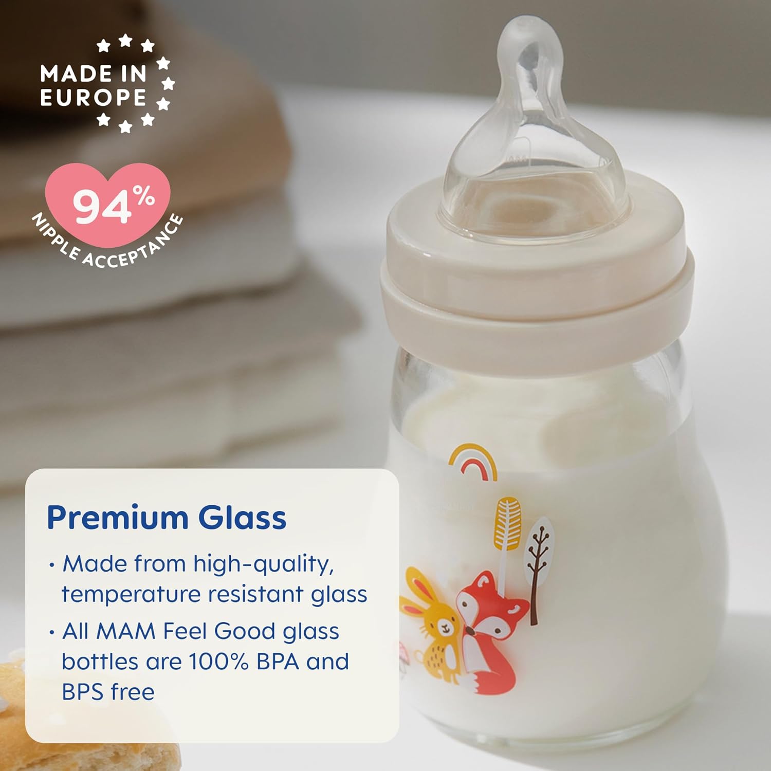 MAM Feel Good Medium Flow Premium Glass Baby Bottles, Easy Switch Between Breast and Bottle, 9oz