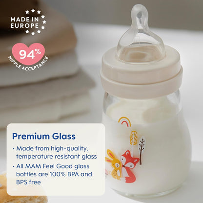 MAM Feel Good Medium Flow Premium Glass Baby Bottles, Easy Switch Between Breast and Bottle, 9oz