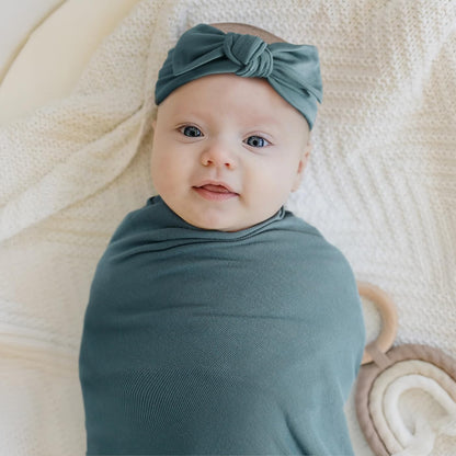 GRSSDER Newborn Swaddle Blanket, Ultra Soft Jersey Receiving Blanket with Matching Headband and Beanie Set, 47×47" Extra Large Nursery Swaddle Wrap for Girls and Boys