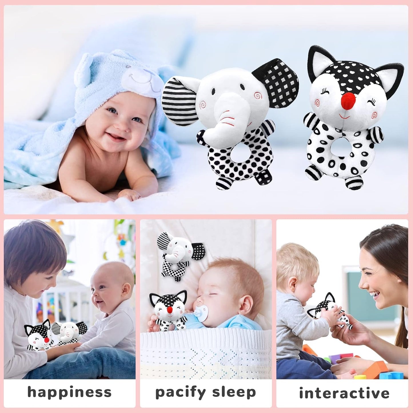 Baby Rattles 0-6 Months Newborn Toys Baby Toys 0-6 Months Rattles for Babies 0-6 Months Infant Toys 0-3 Months, Black & White High Contrast Baby Toys Plush Stuffed Toys for 0 3 6 9 12 Months Girl Boy