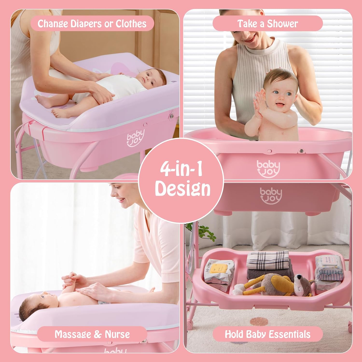 BABY JOY Baby Bathtub with Changing Table, Foldable Infant Diaper Changing Station with Storage