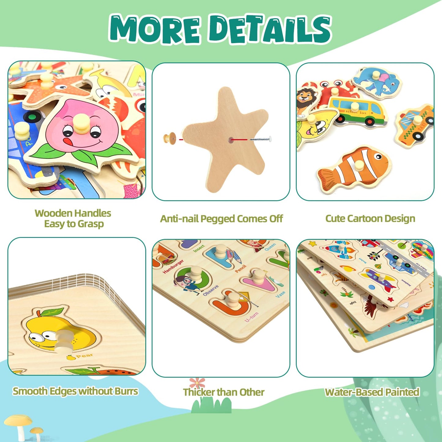 edutree Wooden Peg Puzzles for Toddlers 2-4, 6 Pack Educational Peg Puzzles Montessori Toys