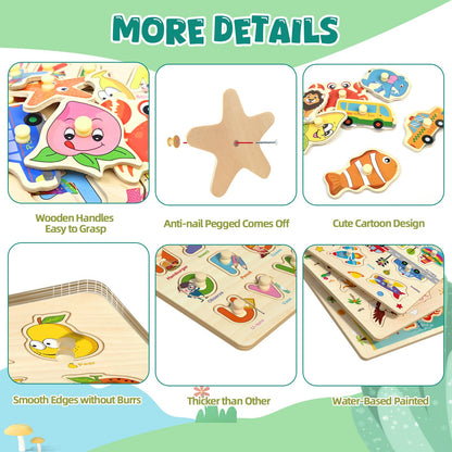 edutree Wooden Peg Puzzles for Toddlers 2-4, 6 Pack Educational Peg Puzzles Montessori Toys