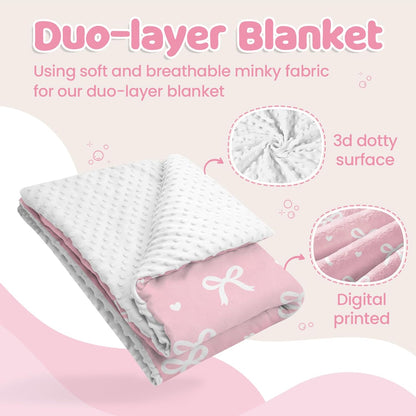 Bow Minky Baby Blanket 30 x 40 Inches for Girls, Soft Plush Receiving Blanket with Dotted Back