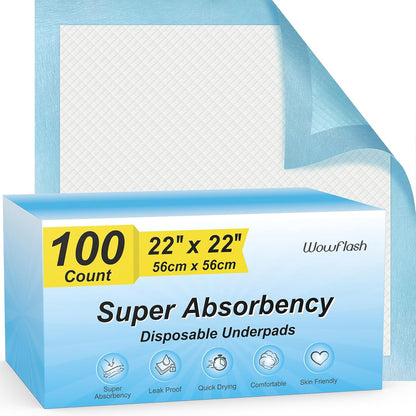 100 Count 22” x 22” Super Absorbency Disposable Underpads, Leakproof Quick Drying Disposable Pads