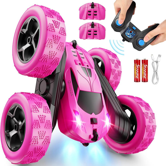 RC Cars, Rose Remote Control Car for Girls, 2.4 GHZ Double Sided RC Stunt Car 360° Rotating Remote Control Crawler with Headlights Car Toys for 6 7 8 9 10 11 12 Girls Birthday Gift