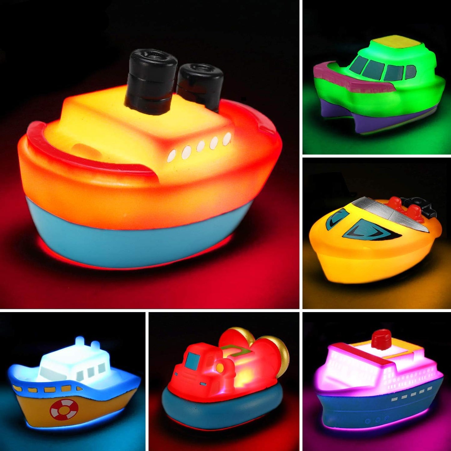 Bath Toys, 6 Packs Light up Boat Floating Rubber Set, Flashing Color Changing Light in Water, Tub