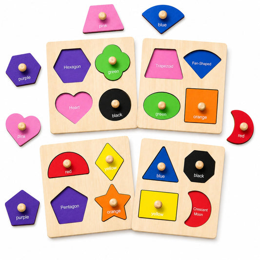 Wooden Shape Color Sorting Puzzle Toys for Toddlers, 4 Pack Montessori Peg Puzzles for Ages 2-4