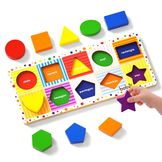 Dailyfunn Wooden Geometric Shape Puzzle (10 pcs) Toddler Puzzles for Ages 1-3 Years Old 12-18-24