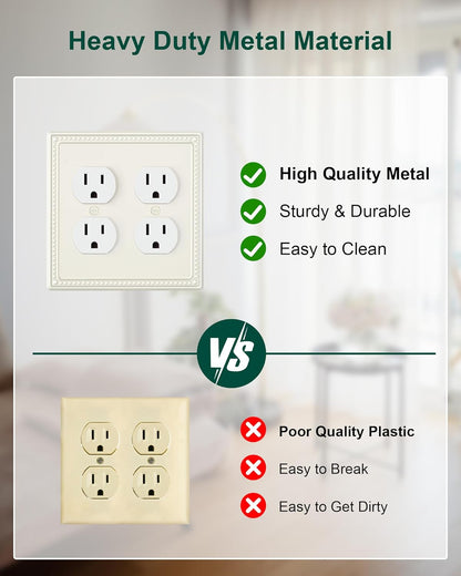 2-Pack Double Duplex Outlet Cover, Metal Switch Plates and Outlet Covers, Light Almond Pearls Decorative Wall Plates for Electrical Outlets, 2 Gang Receptacle Cover, Corrosion Resistant