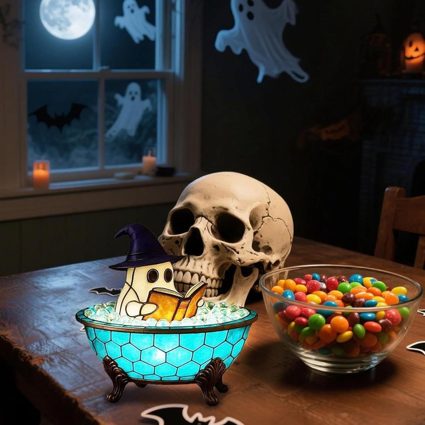 Ghost Bubble Bath Lamp, Halloween Light up Ghost Night Light, LED Flickering Nightlight, Cute Bathtub Spooky Books Nightlight for Halloween Ghost Decor