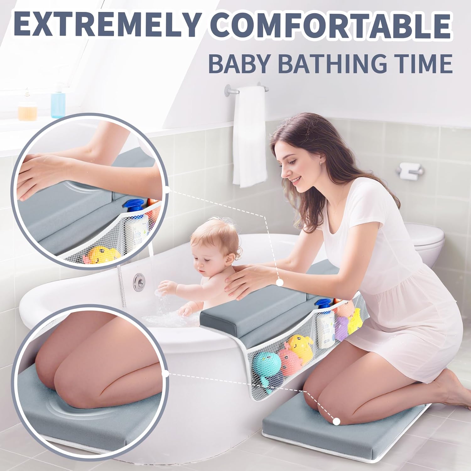 URMYWO Bath Kneeler and Elbow Rest Pad Set - 1.5" Thick Baby Bath Kneeler Pads with Toys Organizer