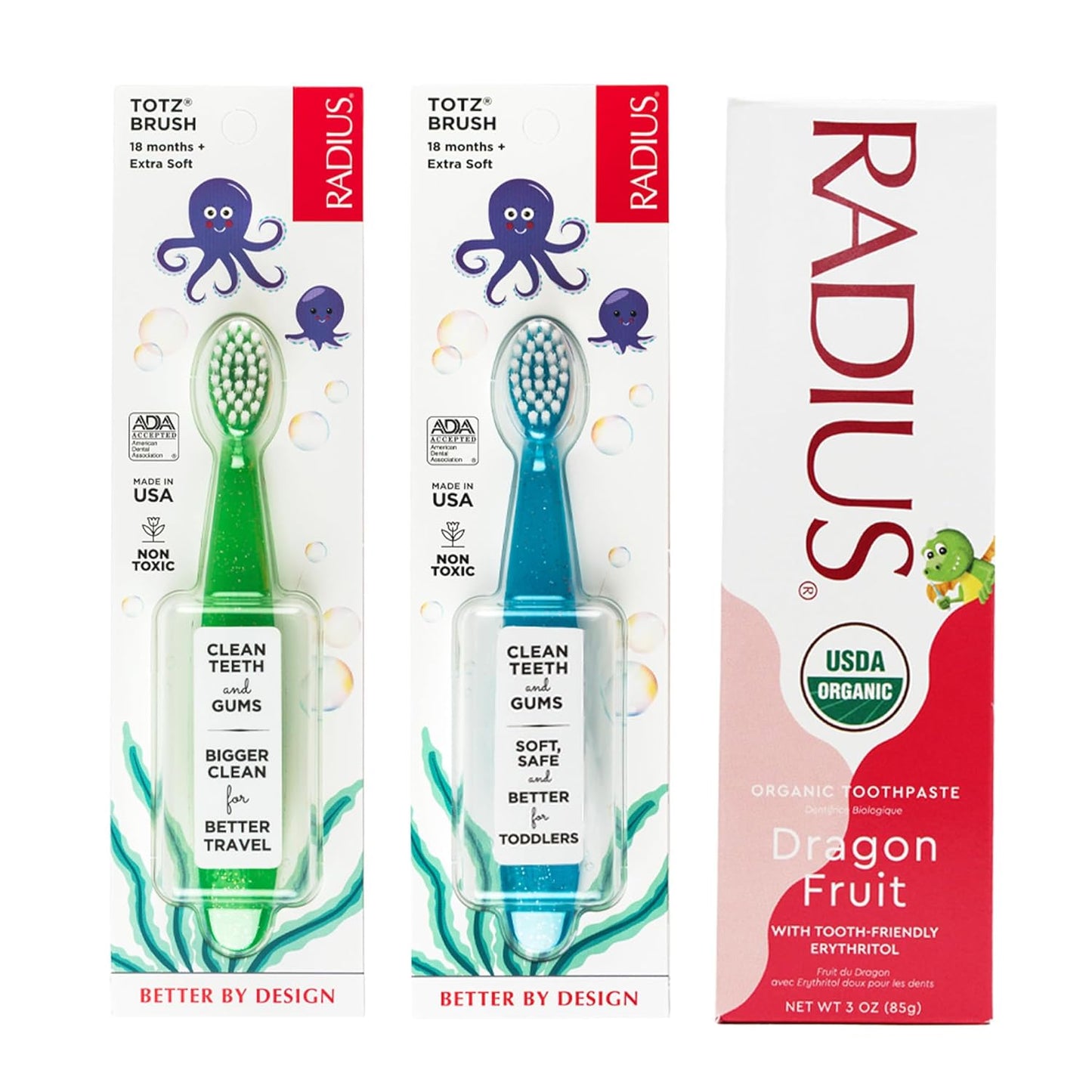 RADIUS Toddler Toothbrush and Toothpaste Bundle for Kids, 2 Pack Totz Extra Soft Brush in Blue and