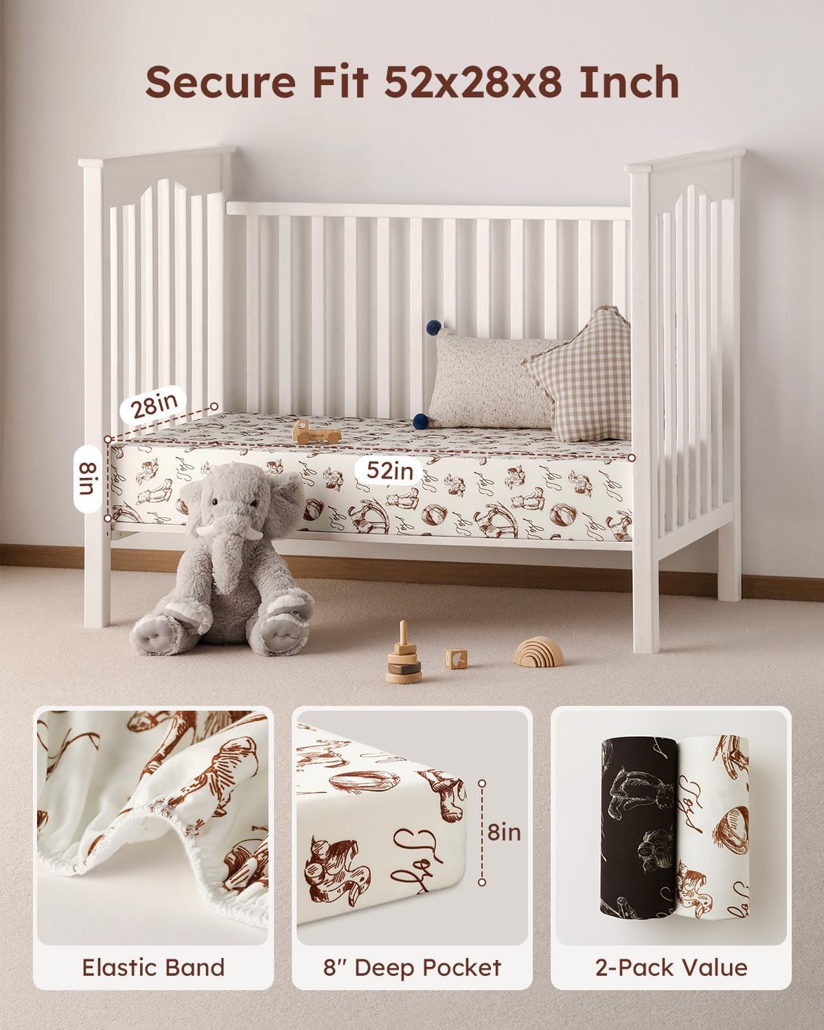 Yoofoss Baby Crib Sheets 2 Pack for Boys and Girls - 52x28 Fitted Crib Sheet Neutral Fits for