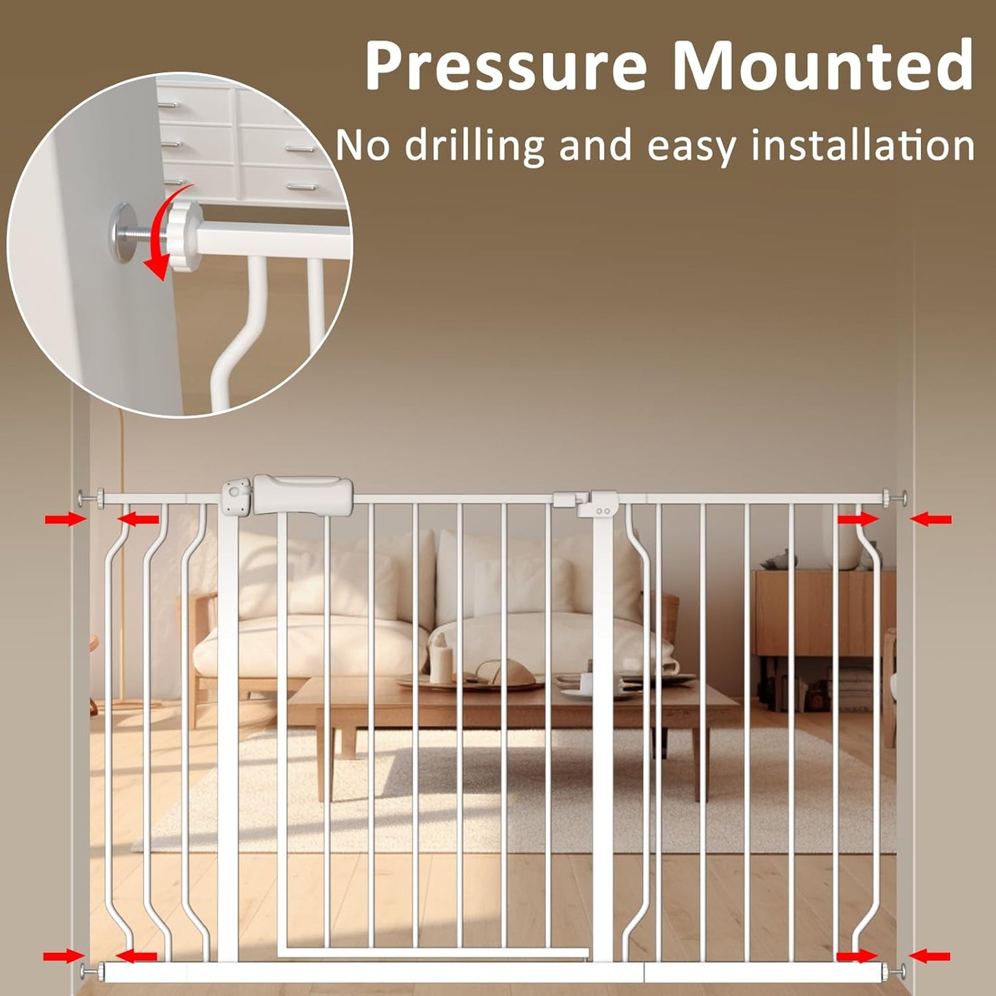 ALLAIBB Extra Wide Baby Gate Pressure Mount with Auto-Close, White Metal Safety Gate for Stairs & Doorways - Child Proof, Pet Barrier for Hallways, Kitchen, Living Room for 43.31-48.03 inch