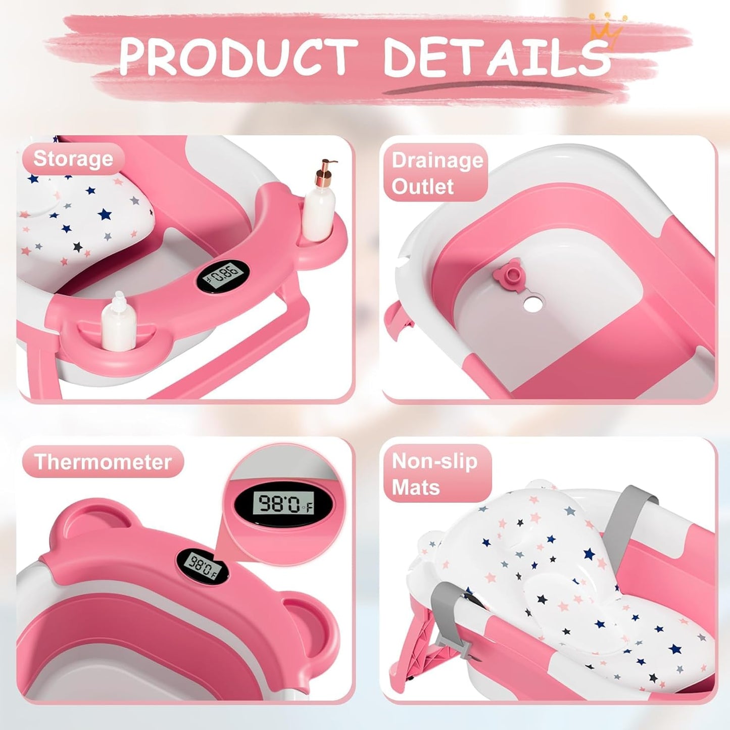 TPN Collapsible Baby Bathtub, Baby Bath Tub with Soft Cushion & Real-Time Thermometer, Baby Bathtub