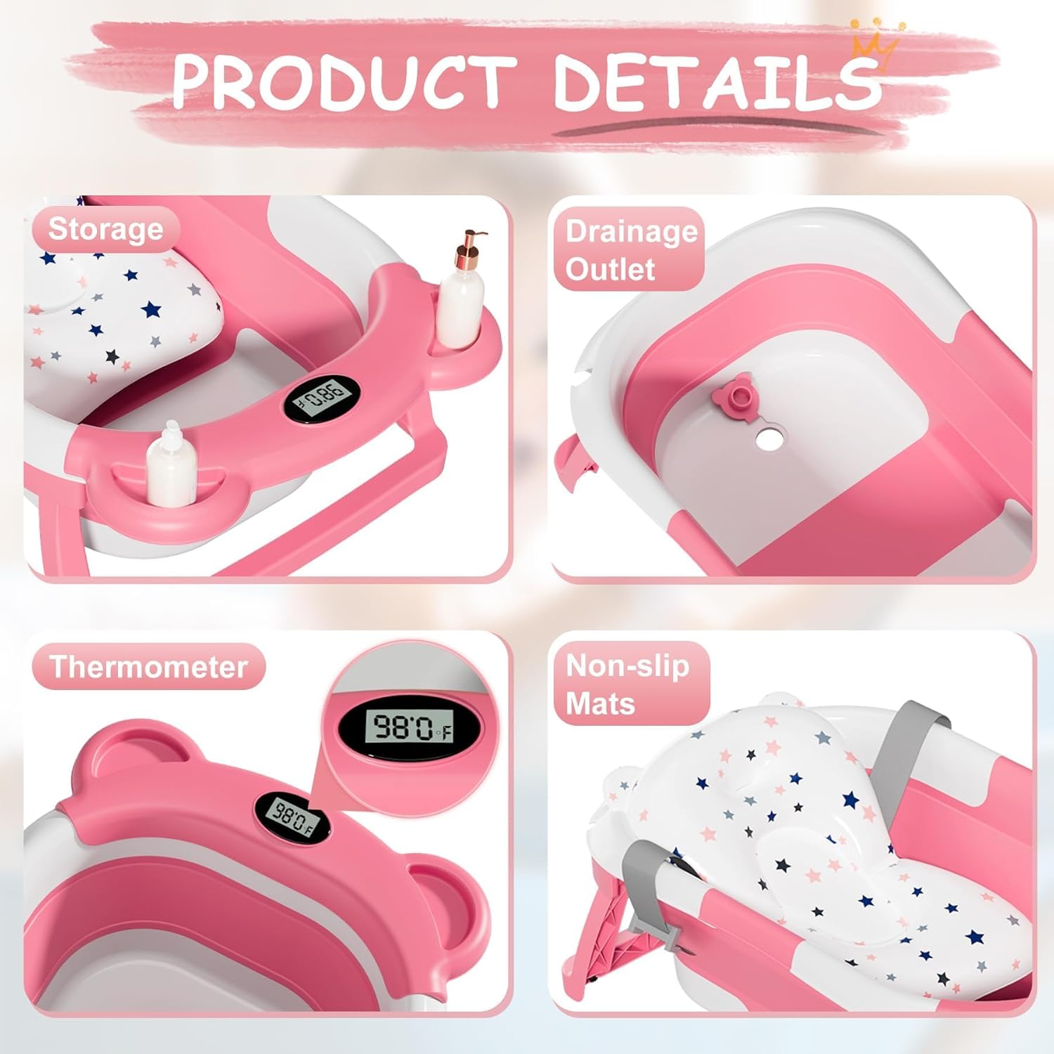 TPN Collapsible Baby Bathtub, Baby Bath Tub with Soft Cushion & Real-Time Thermometer, Baby Bathtub