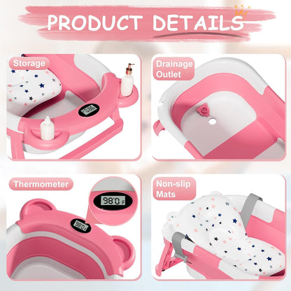 TPN Collapsible Baby Bathtub, Baby Bath Tub with Soft Cushion & Real-Time Thermometer, Baby Bathtub