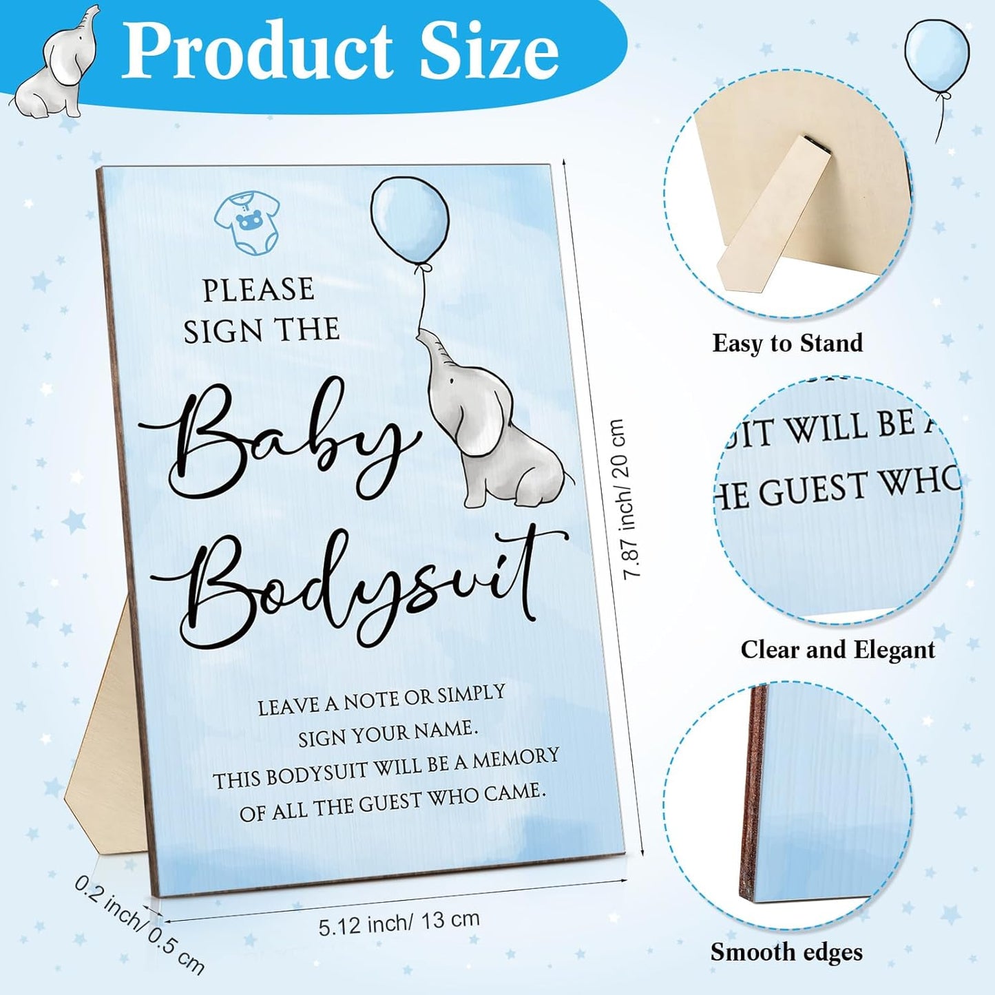 Qunclay 12 Pcs Baby Bodysuit Baby Shower Game Include 1 Game Wooden Sign Tabletop Decor 1 White Blank Newborn Bodysuit 10 Fabric Marker for Gender Reveal Party(Elephant)