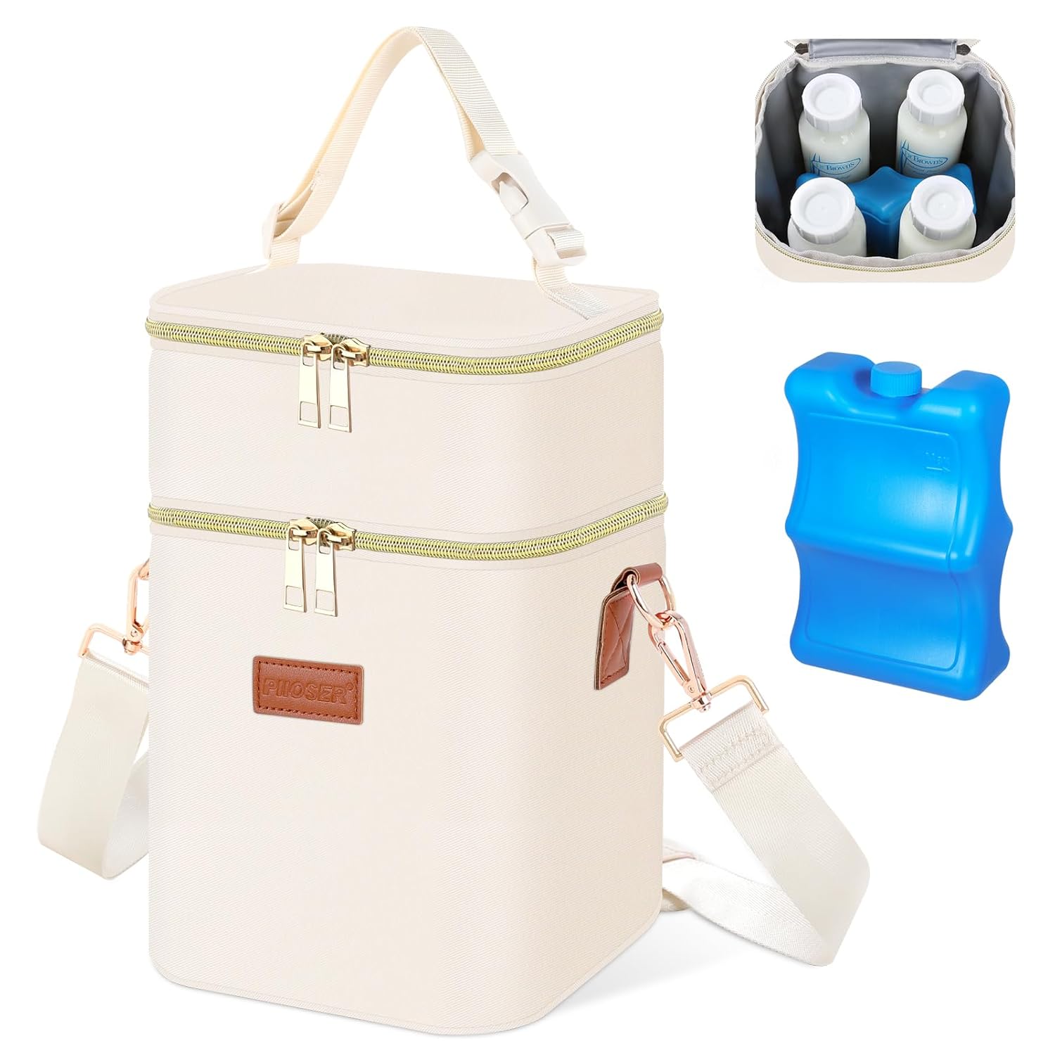 PIIOSER Baby Bottle Tote Bag with Ice Pack, Fits 4 Baby Bottles Up to 9 Ounce, Small Insulated