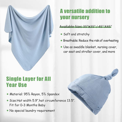 iEvolve Cotton Knitted Baby Swaddle Blanket with Hat Headband Set Newborn Swaddle Wrap Receiving Blankets for Baby Girl Boy 35" x 35"(Lightblue)