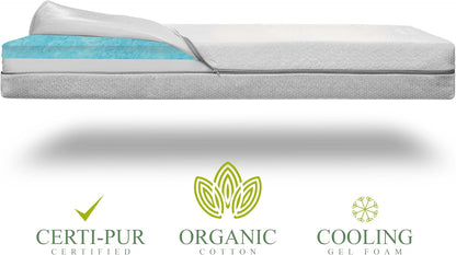 Organic Cotton Dual-Sided Crib Mattress | 2-Stage Premium Memory Foam CertiPUR-US Hypoallergenic Baby Mattress, Firm Support for Infant, Cooling Gel for Toddler, Waterproof Washable Cover, 52x27.5x5.5