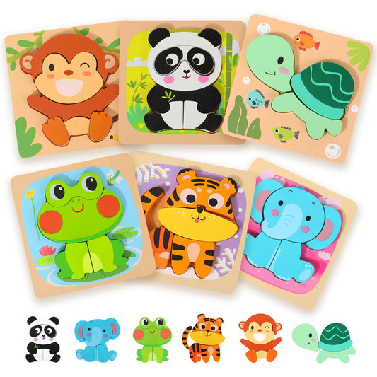 edutree Wooden Puzzles for 2-4, 6 Pack Animal Shape Puzzle Montessori Toys for 2 3 4 Year Old