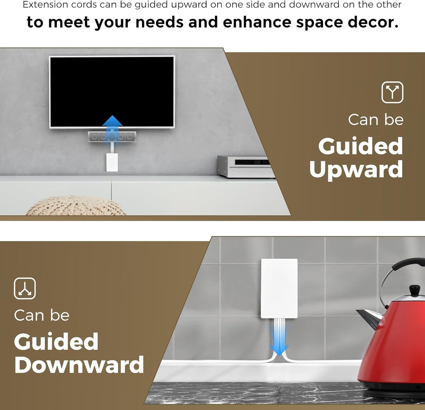 Outlet Concealer Power Strip-Outlet Cover Extender with 3AC Outlets-5ft Flat Plug Extension Cord,Universal Size,1625W for Kitchen, Home and Office,Child & Pet Safe(Dual 5 Foot)