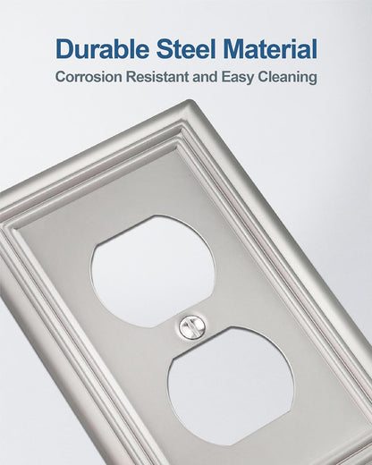 6-Pack Duplex Wall Plate, Decorative Satin Nickel Outlet Cover, Metal Wall Plates for Electrical Outlets, 3.15''*4.88'', Midsize